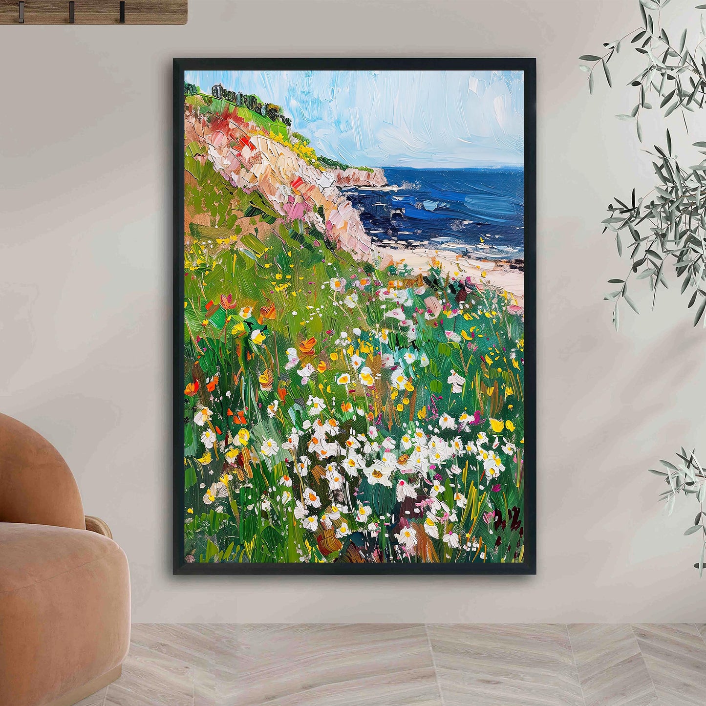 Wildflowers Coastal Art Print, Vintage Beach Oil Painting