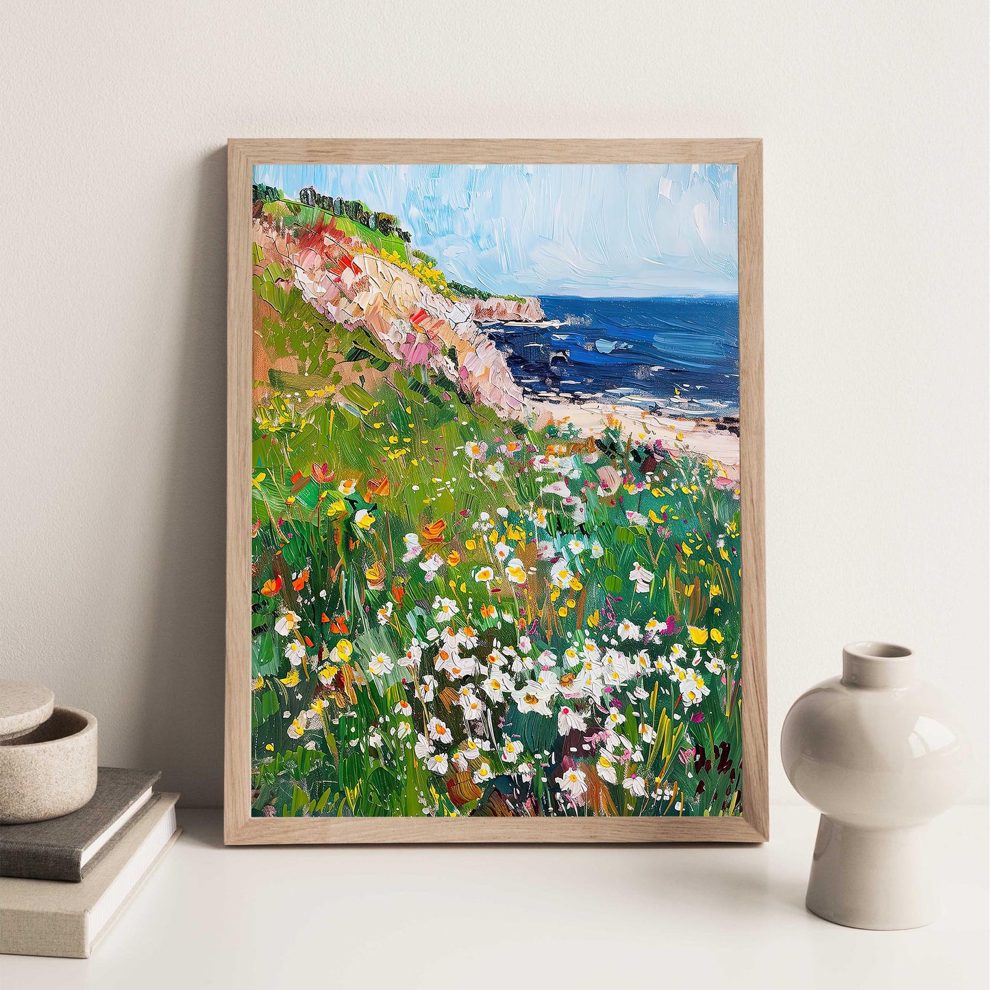 Wildflowers Coastal Art Print, Vintage Beach Oil Painting