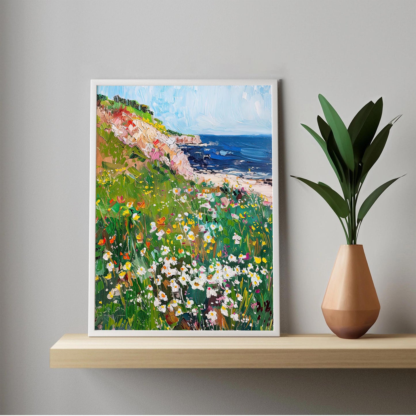 Wildflowers Coastal Art Print, Vintage Beach Oil Painting