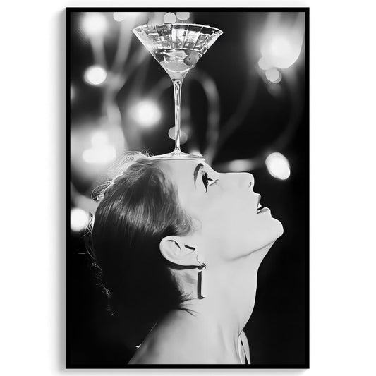 Woman Balancing Cocktail Print Vintage Martini Poster, Retro Bar Cart Print - Black and White Wall Art