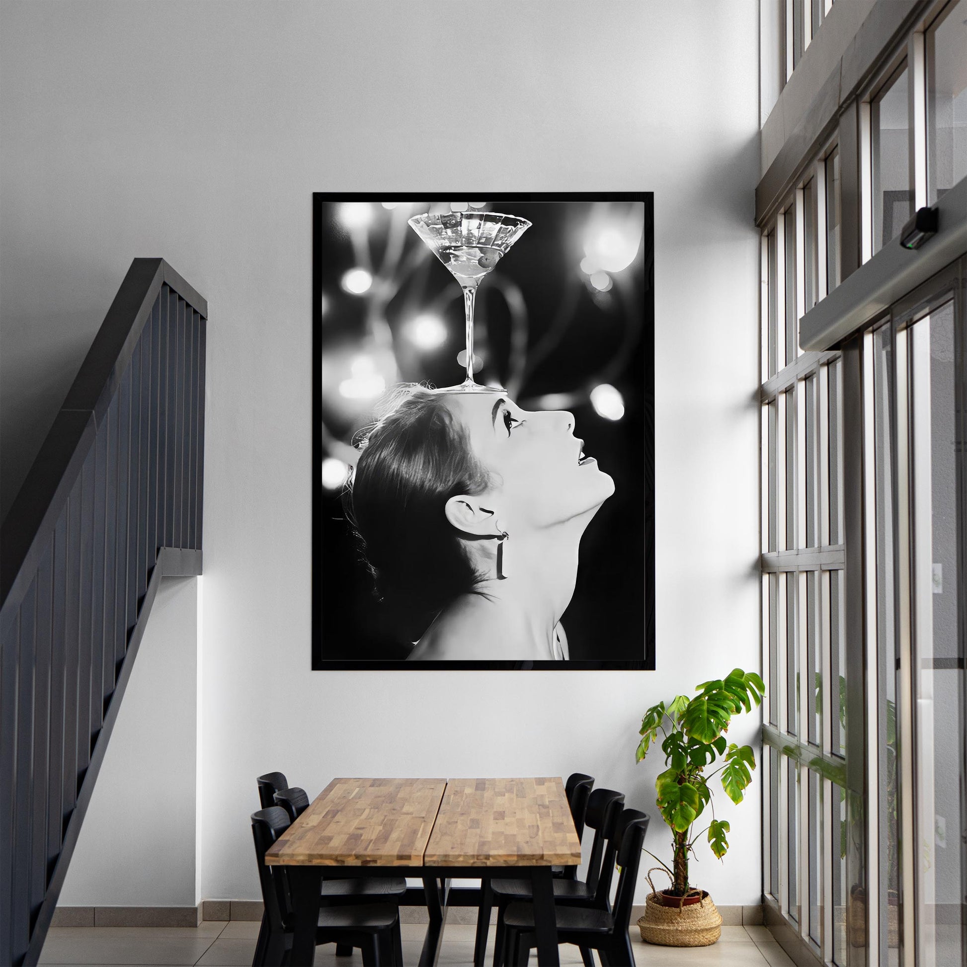 Woman Balancing Cocktail Print Vintage Martini Poster, Retro Bar Cart Print - Black and White Wall Art