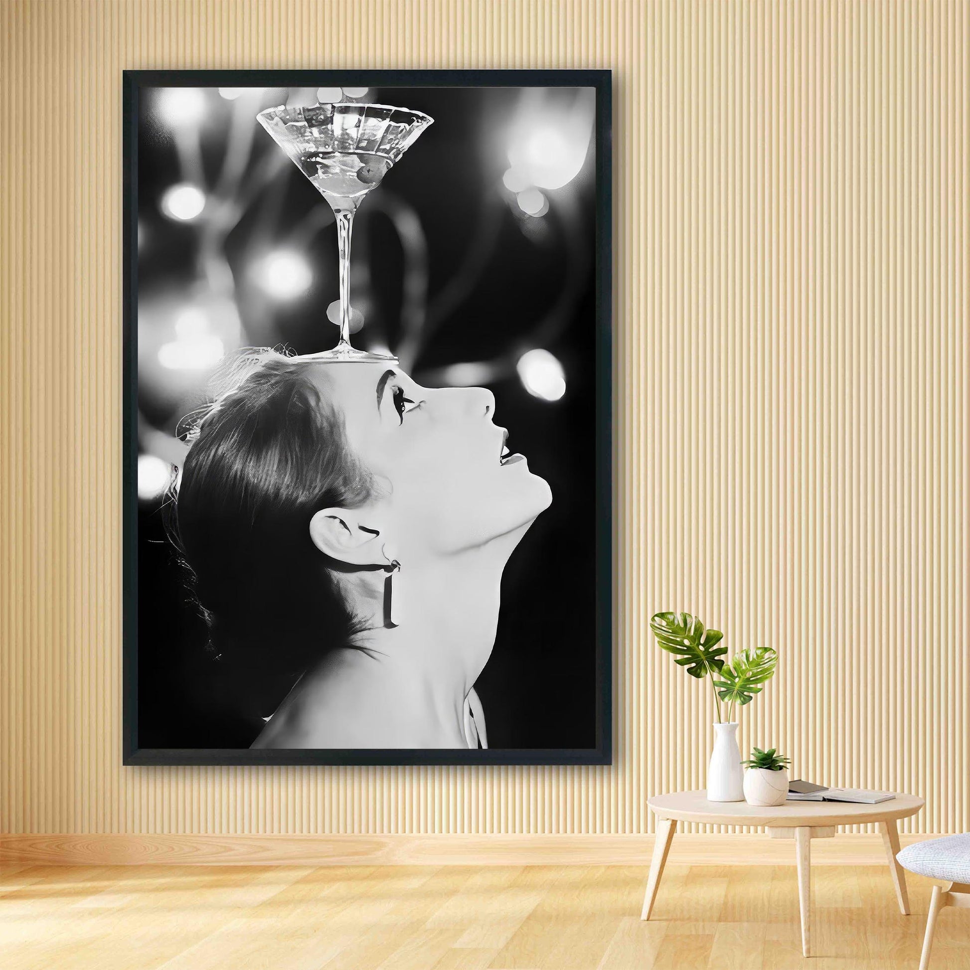 Woman Balancing Cocktail Print Vintage Martini Poster, Retro Bar Cart Print - Black and White Wall Art