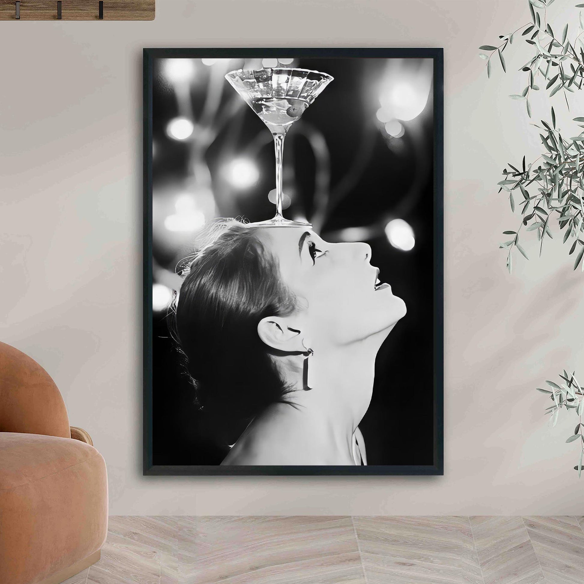 Woman Balancing Cocktail Print Vintage Martini Poster, Retro Bar Cart Print - Black and White Wall Art