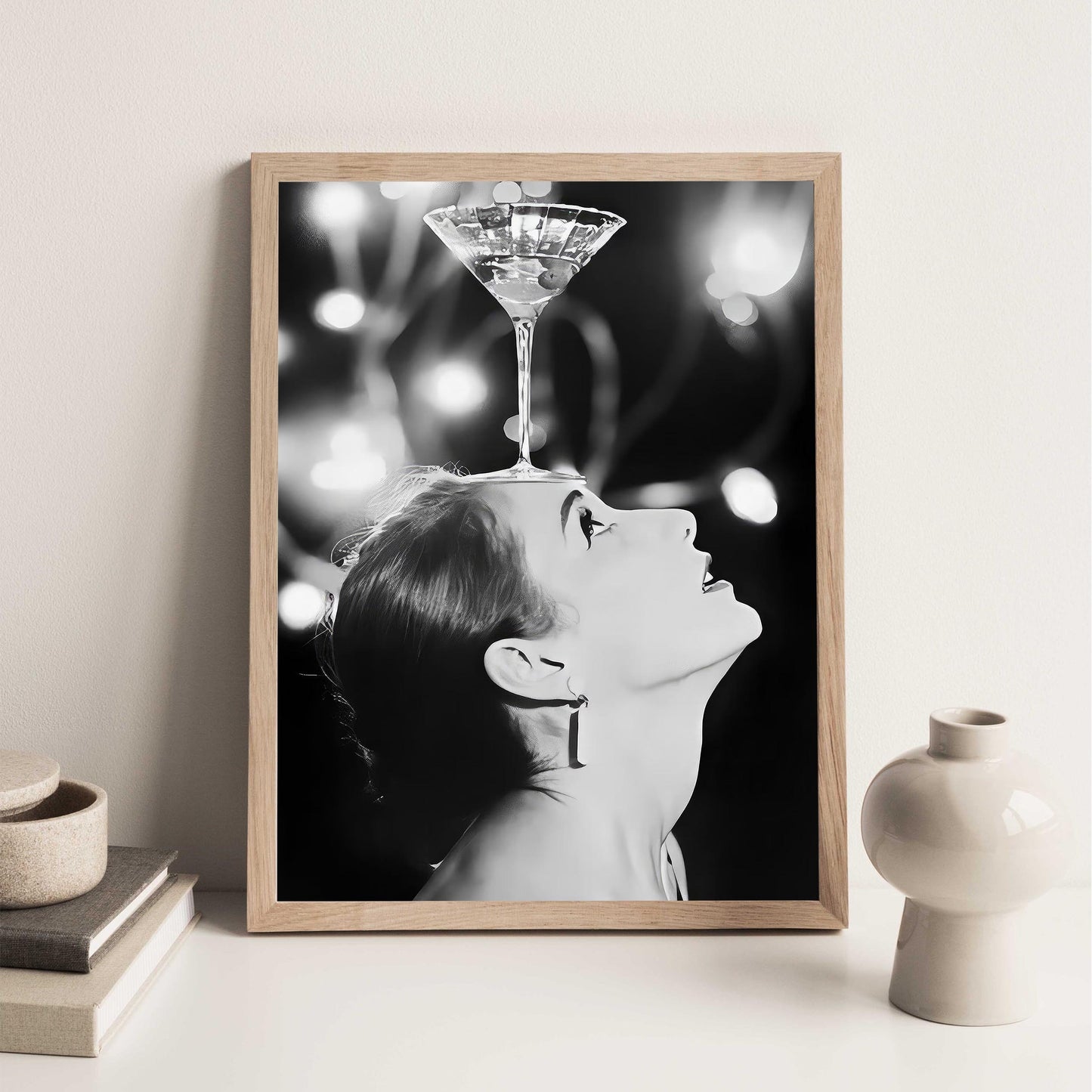 Woman Balancing Cocktail Print Vintage Martini Poster, Retro Bar Cart Print - Black and White Wall Art