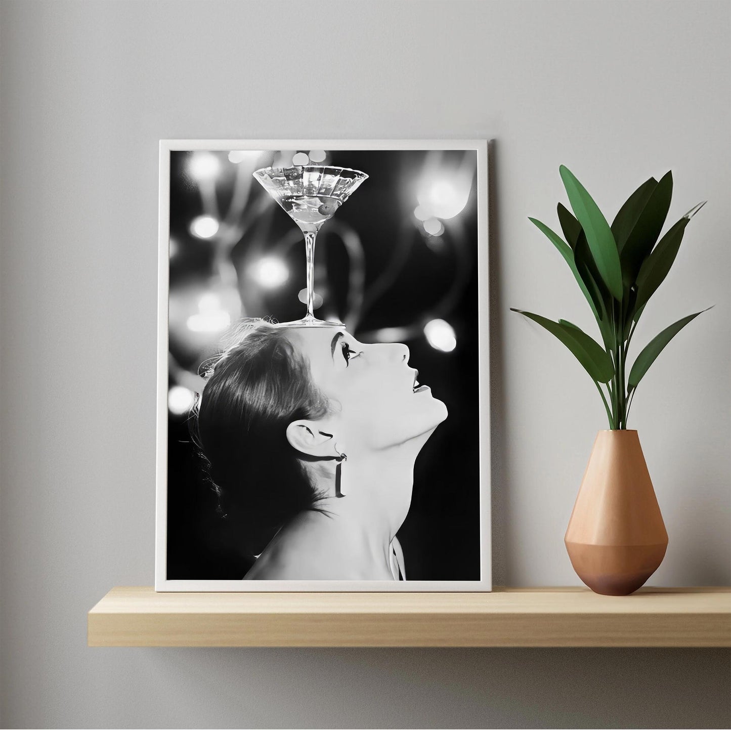 Woman Balancing Cocktail Print Vintage Martini Poster, Retro Bar Cart Print - Black and White Wall Art