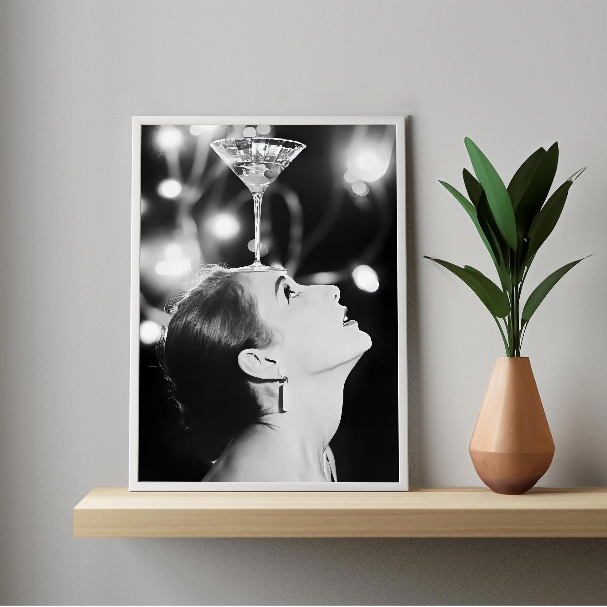 Woman Balancing Cocktail Print Vintage Martini Poster, Retro Bar Cart Print - Black and White Wall Art