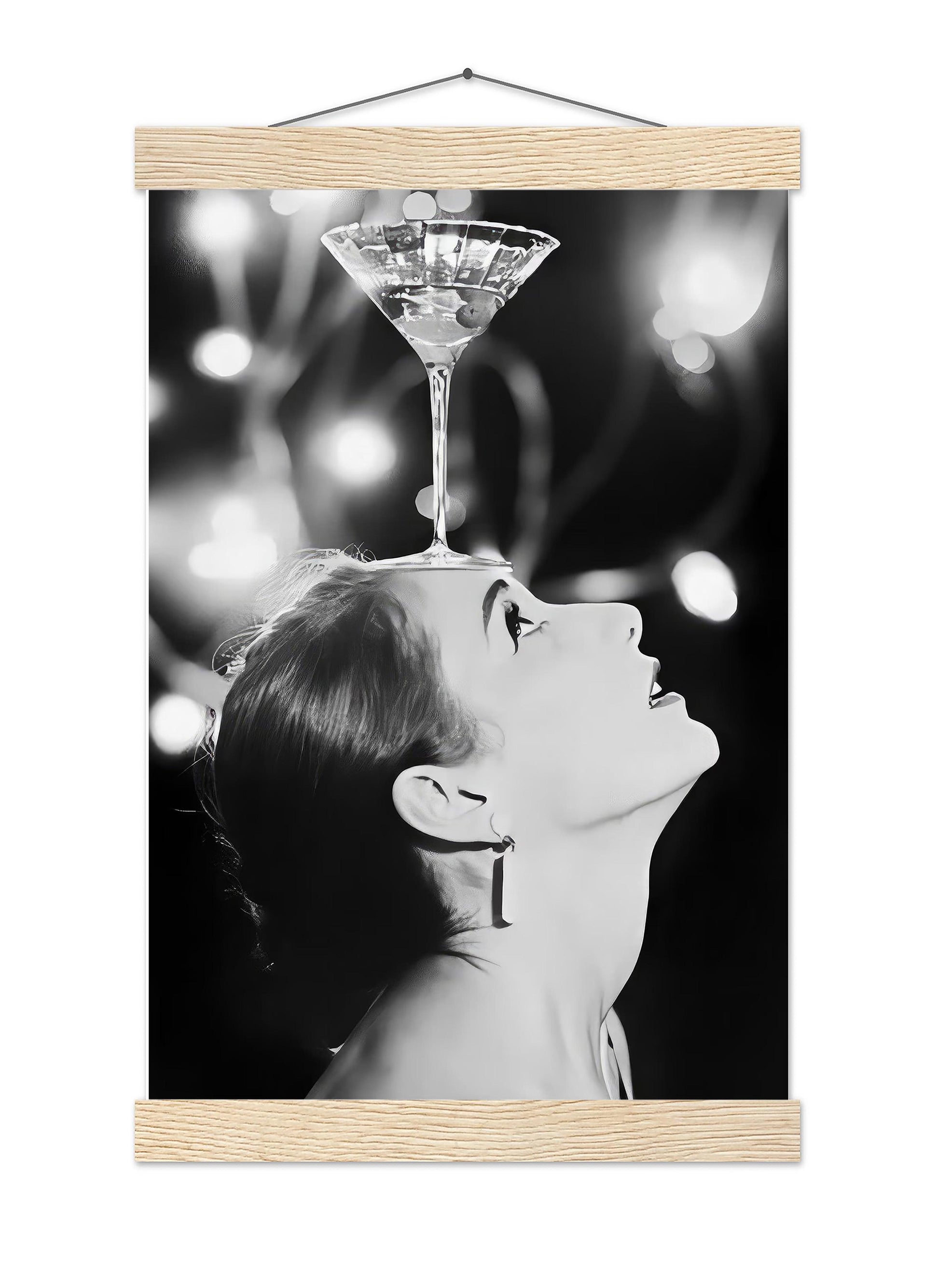 Woman Balancing Cocktail Print Vintage Martini Poster, Retro Bar Cart Print - Black and White Wall Art