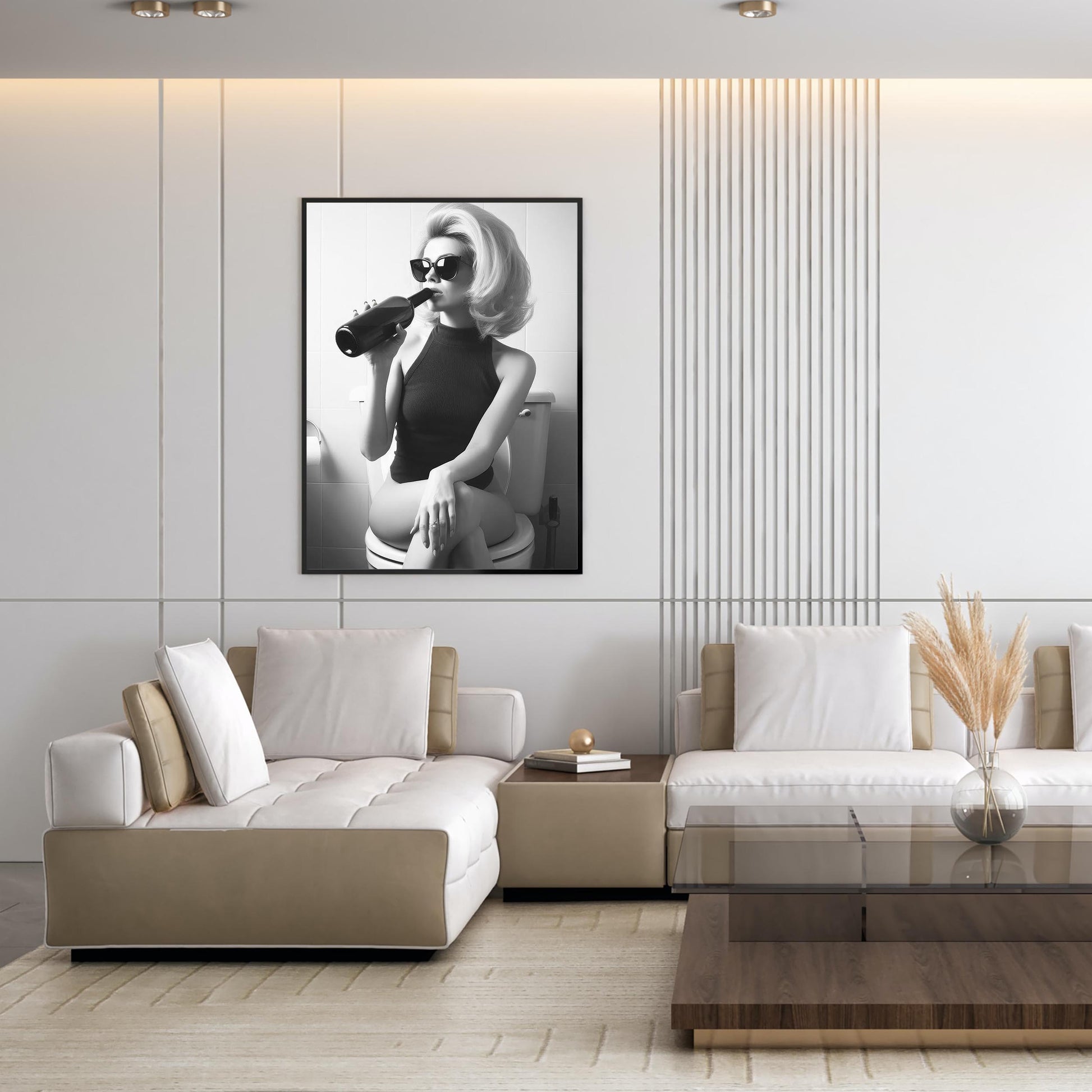 Woman On Toilet Drinking Wine Print Funny Bathroom Poster, Retro Fashion Wall Decor - Black & White Wall Art
