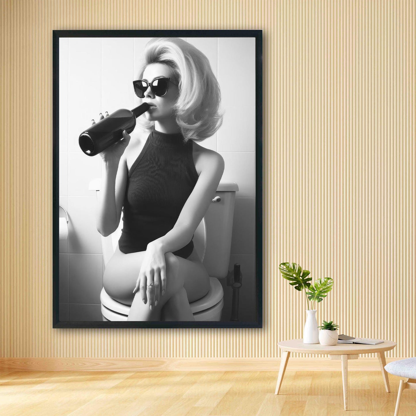 Woman On Toilet Drinking Wine Print Funny Bathroom Poster, Retro Fashion Wall Decor - Black & White Wall Art