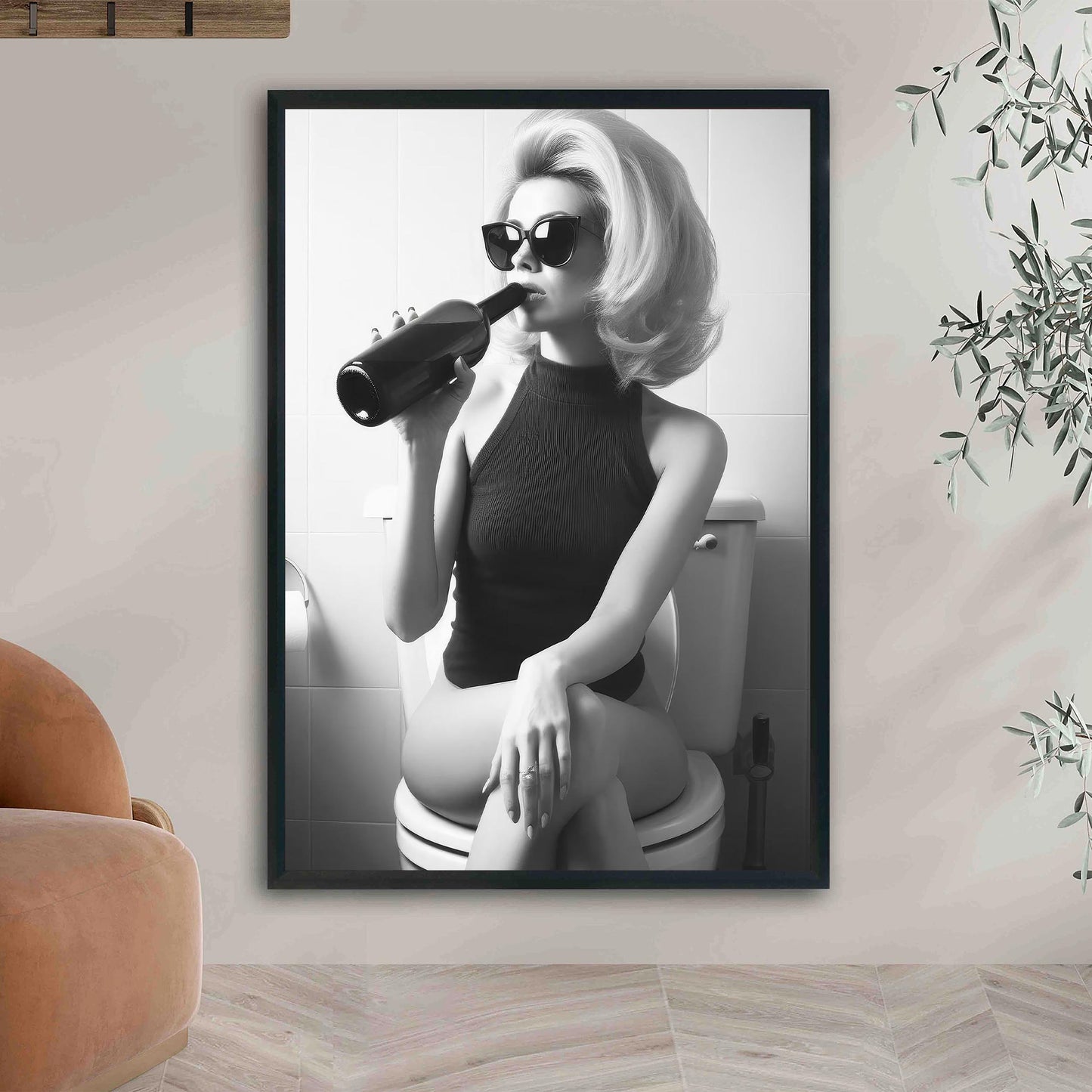 Woman On Toilet Drinking Wine Print Funny Bathroom Poster, Retro Fashion Wall Decor - Black & White Wall Art