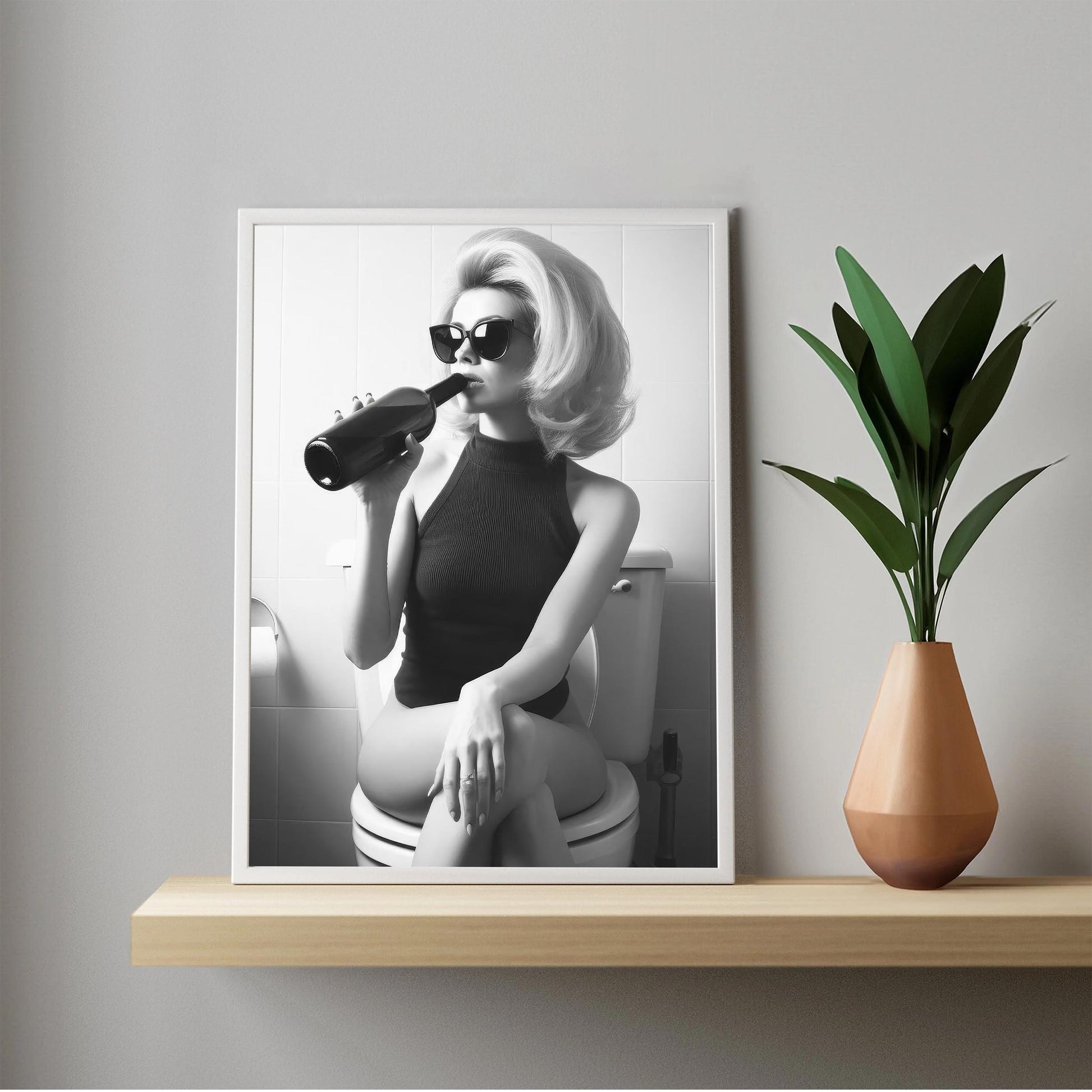 Woman On Toilet Drinking Wine Print Funny Bathroom Poster, Retro Fashion Wall Decor - Black & White Wall Art