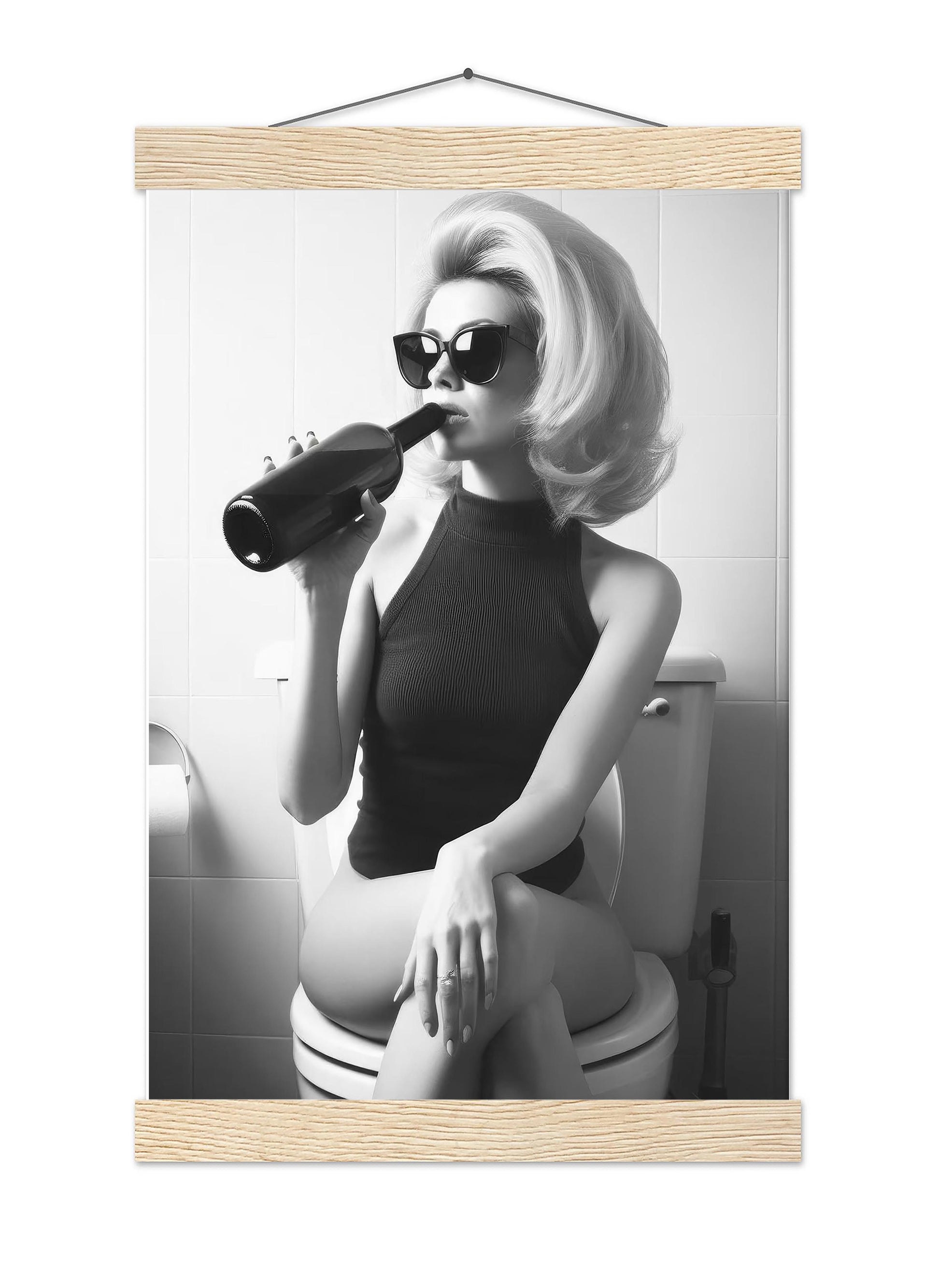 Woman On Toilet Drinking Wine Print Funny Bathroom Poster, Retro Fashion Wall Decor - Black & White Wall Art