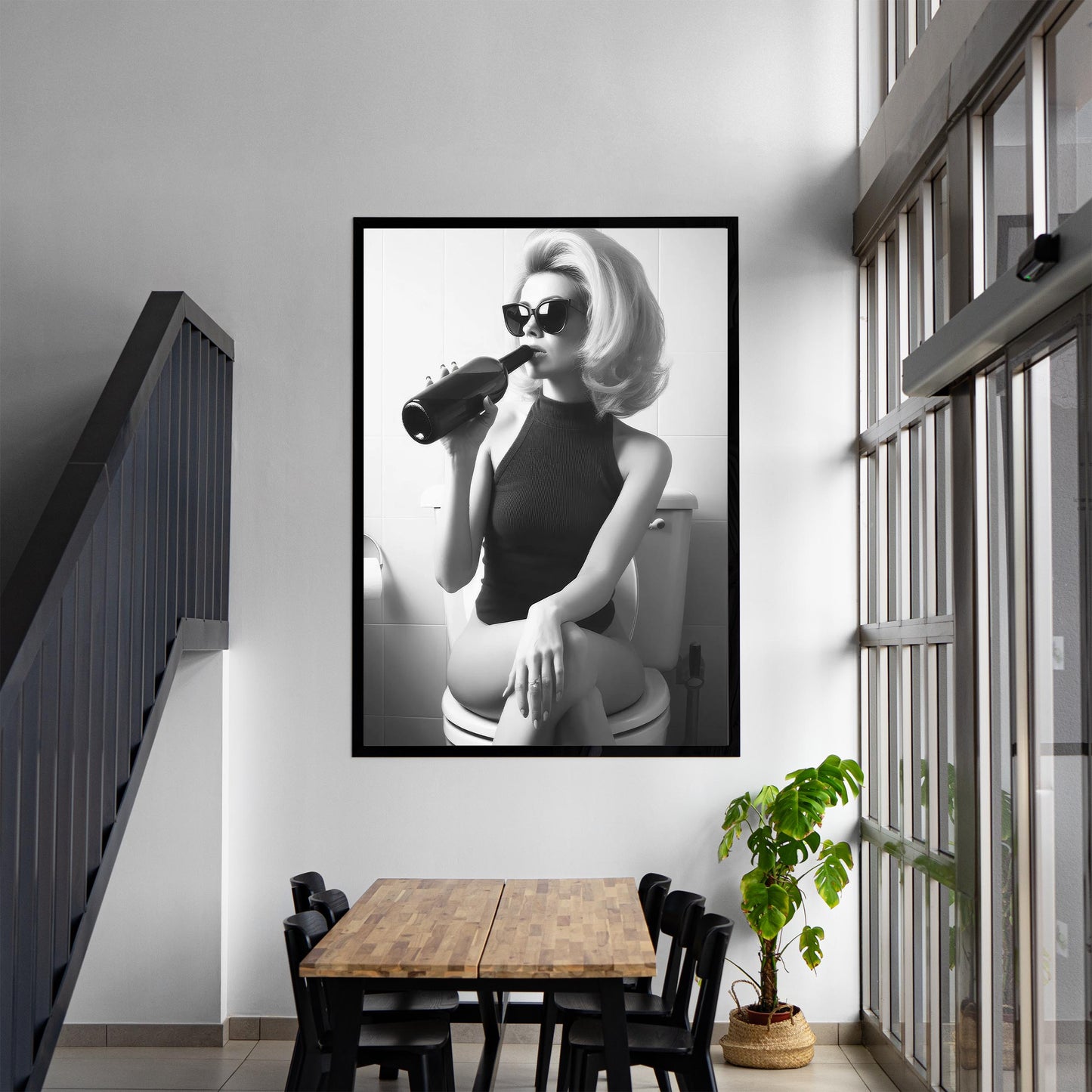 Woman On Toilet Drinking Wine Print Funny Bathroom Poster, Retro Fashion Wall Decor - Black and White Wall Art