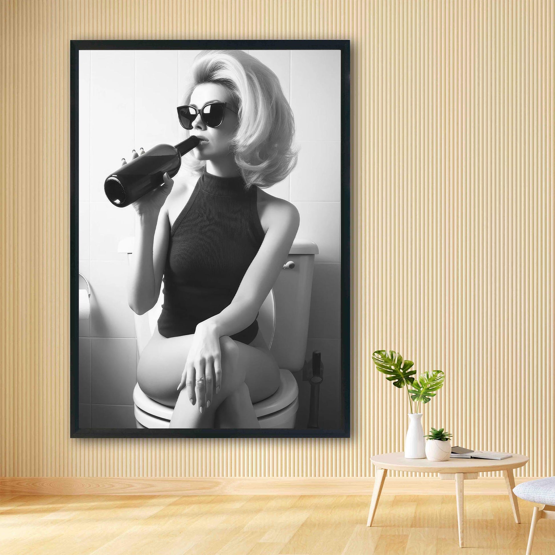 Woman On Toilet Drinking Wine Print Funny Bathroom Poster, Retro Fashion Wall Decor - Black and White Wall Art