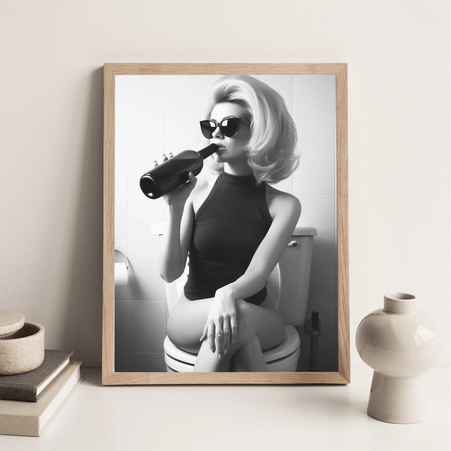 Woman On Toilet Drinking Wine Print Funny Bathroom Poster, Retro Fashion Wall Decor - Black and White Wall Art