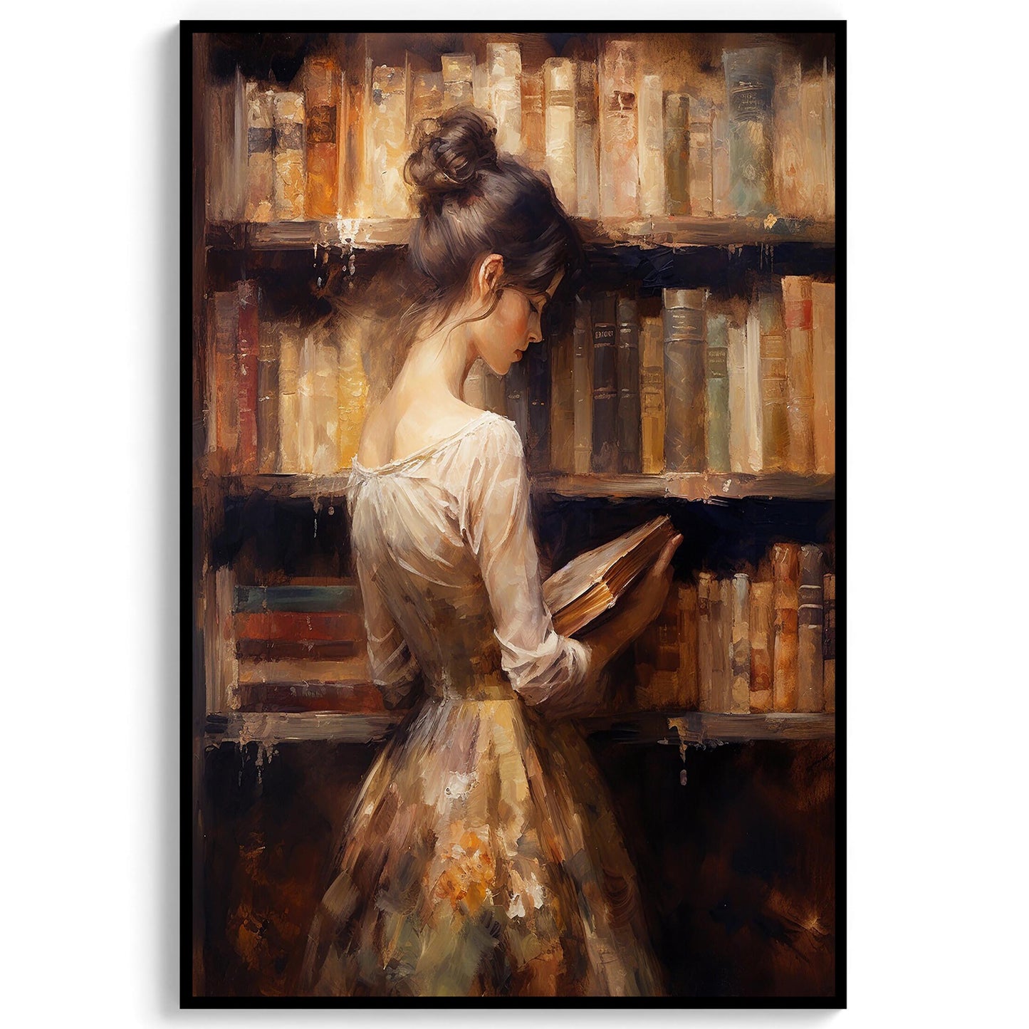 Woman Reading in Library Oil Painting Art Print
