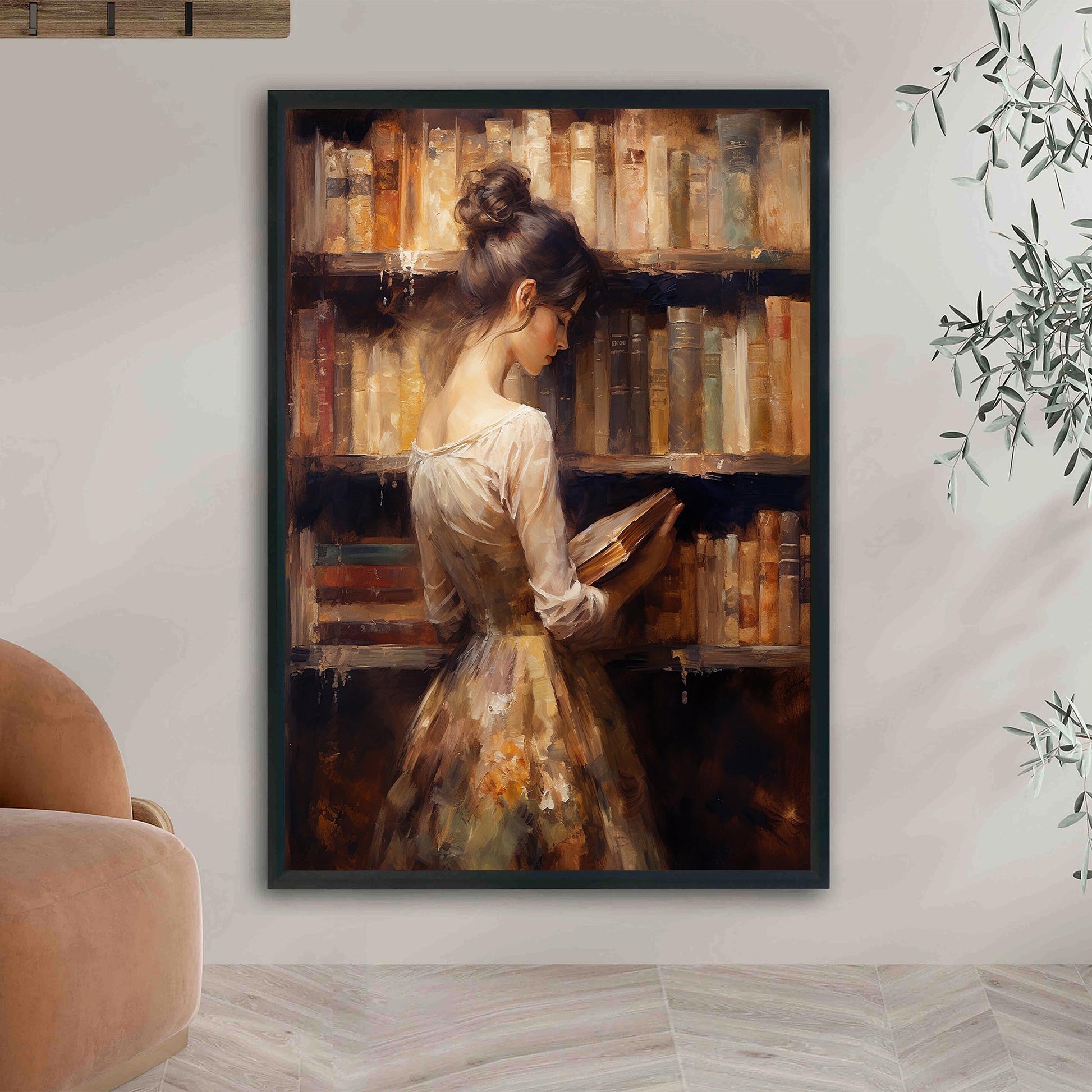 Woman Reading in Library Oil Painting Art Print