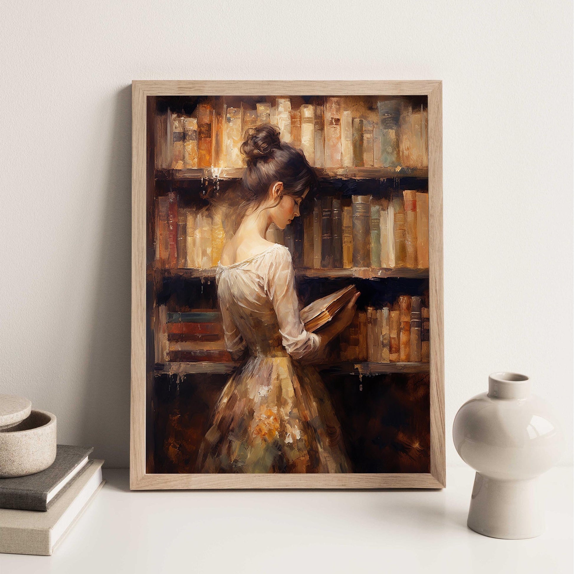 Woman Reading in Library Oil Painting Art Print