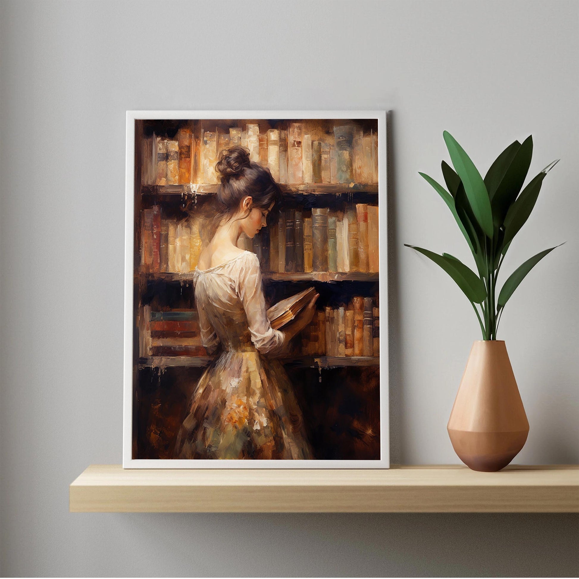 Woman Reading in Library Oil Painting Art Print
