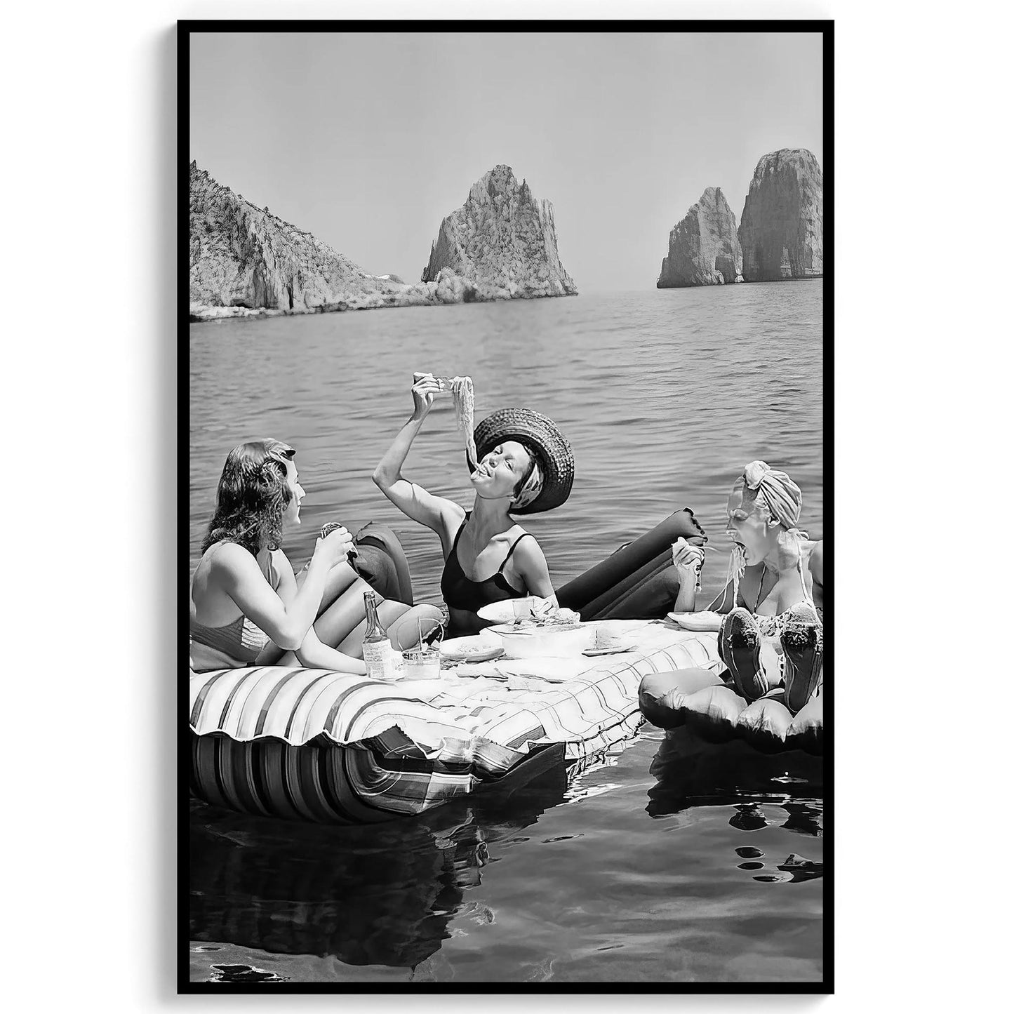 Women Eating Spaghetti Print Vintage Girls Eating Pasta on Lake, Black And White Art, Picnic On Floaties