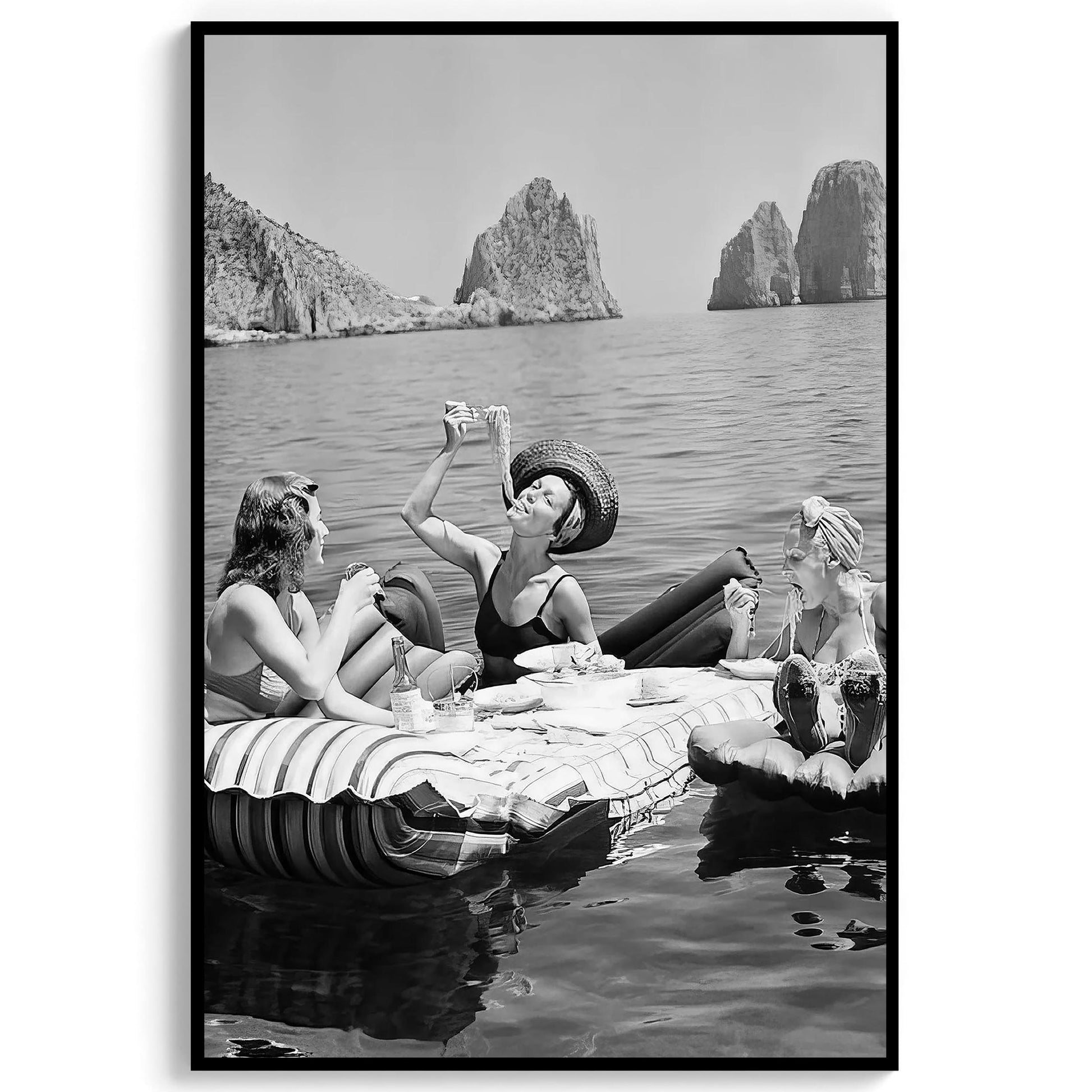 Women Eating Spaghetti Print Vintage Girls Eating Pasta on Lake, Black And White Art, Picnic On Floaties