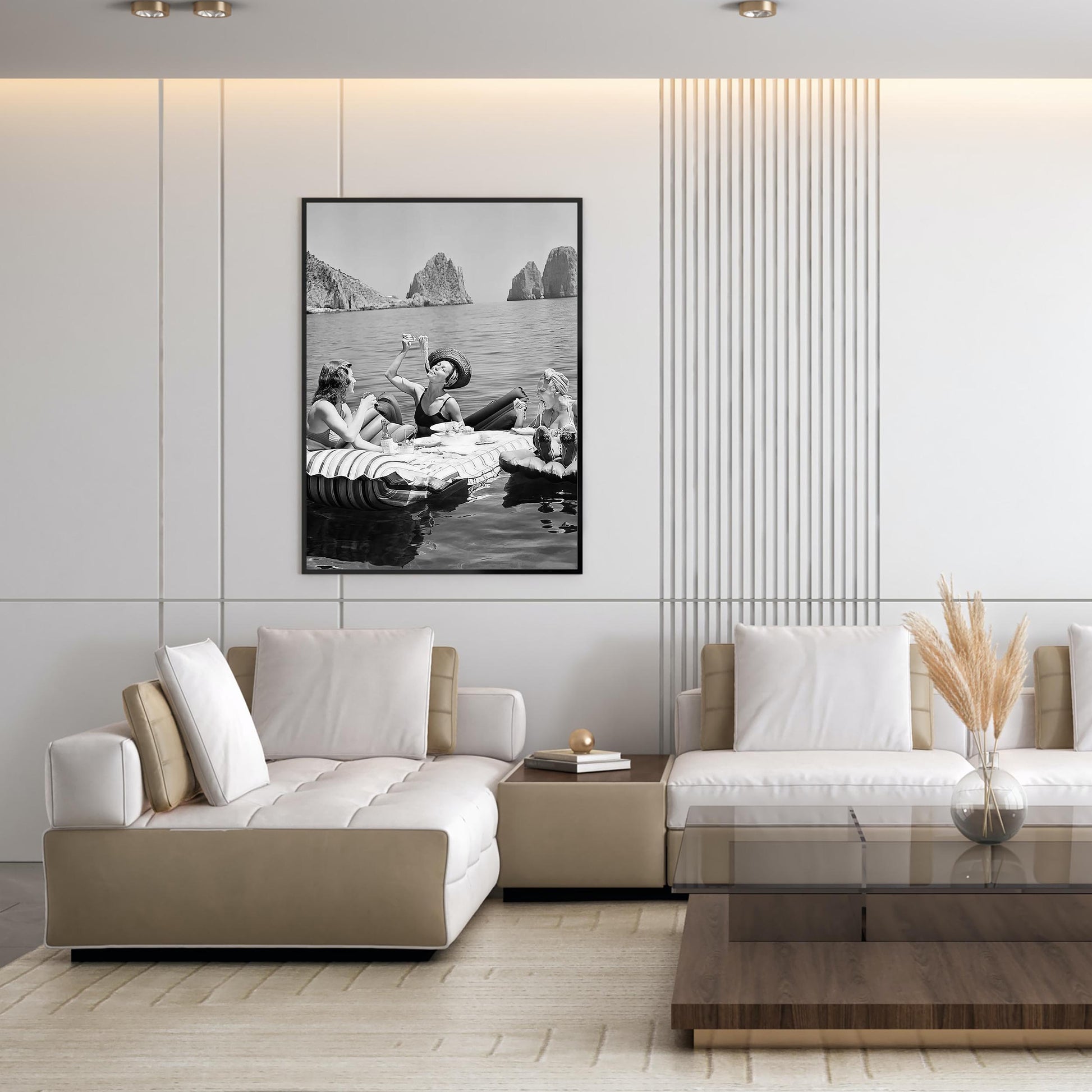 Women Eating Spaghetti Print Vintage Girls Eating Pasta on Lake, Black And White Art, Picnic On Floaties