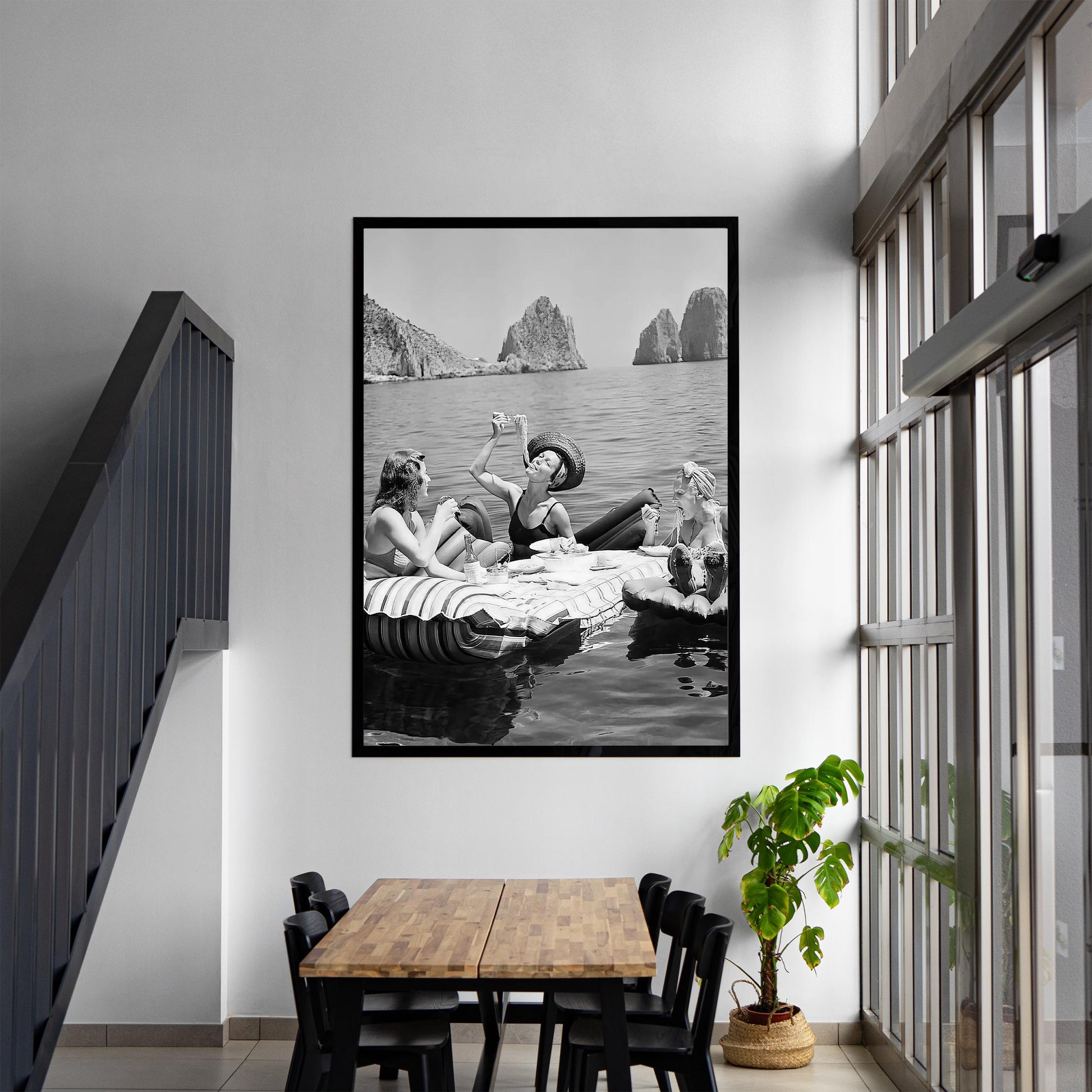 Women Eating Spaghetti Print Vintage Girls Eating Pasta on Lake, Black And White Art, Picnic On Floaties