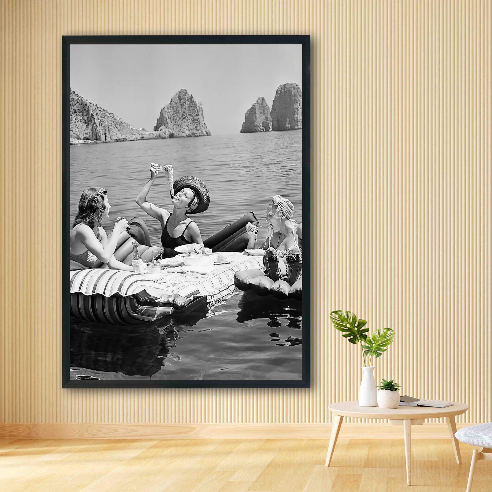 Women Eating Spaghetti Print Vintage Girls Eating Pasta on Lake, Black And White Art, Picnic On Floaties