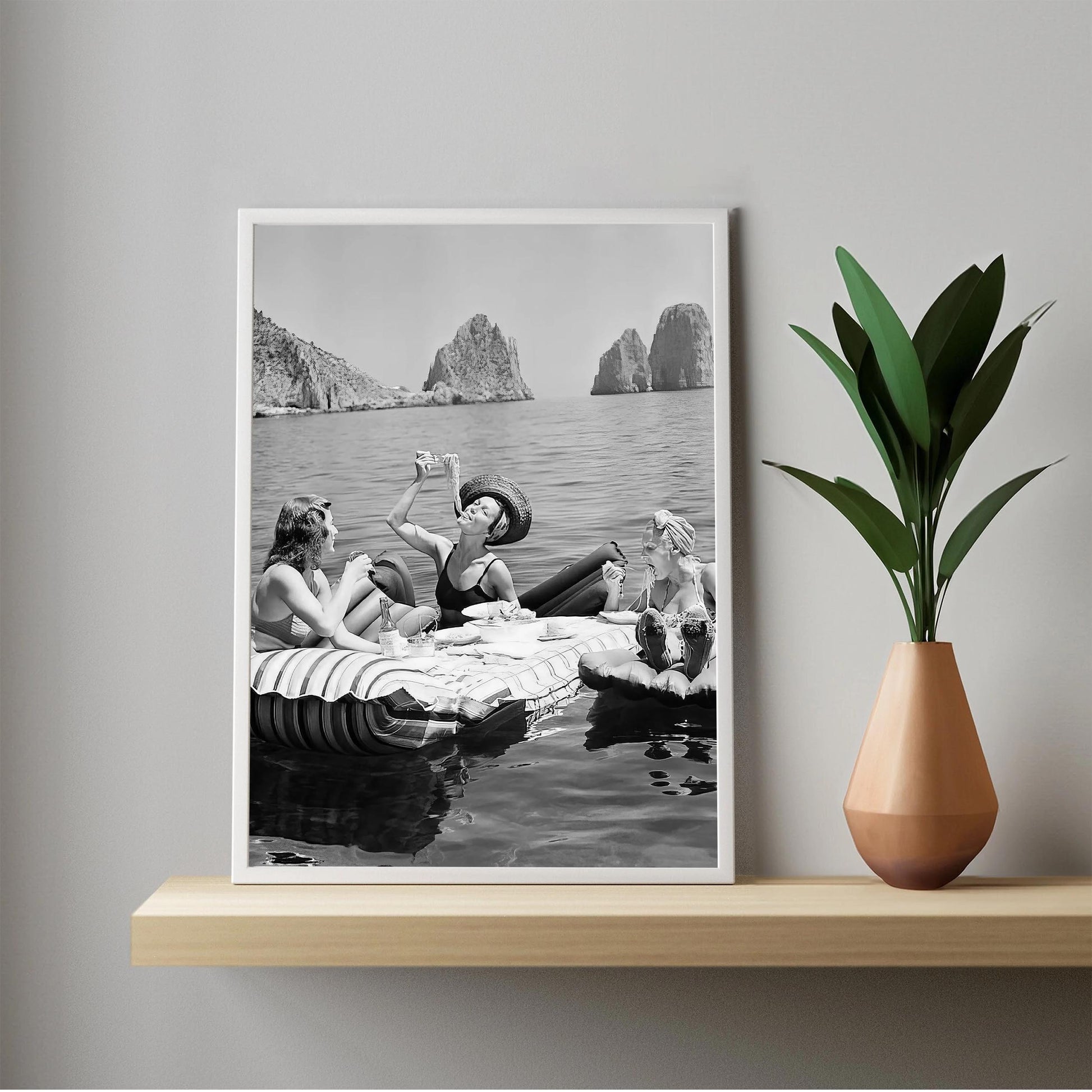 Women Eating Spaghetti Print Vintage Girls Eating Pasta on Lake, Black And White Art, Picnic On Floaties