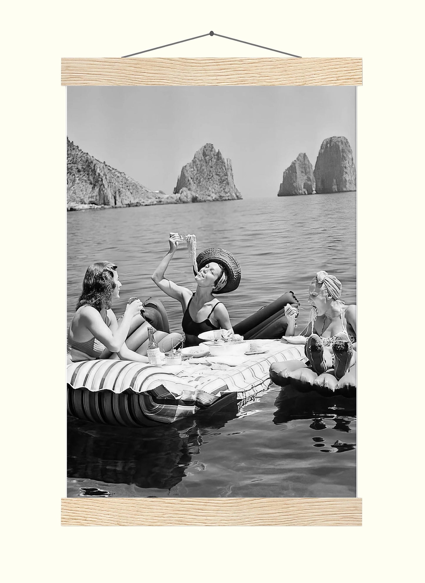 Women Eating Spaghetti Print Vintage Girls Eating Pasta on Lake, Black And White Art, Picnic On Floaties
