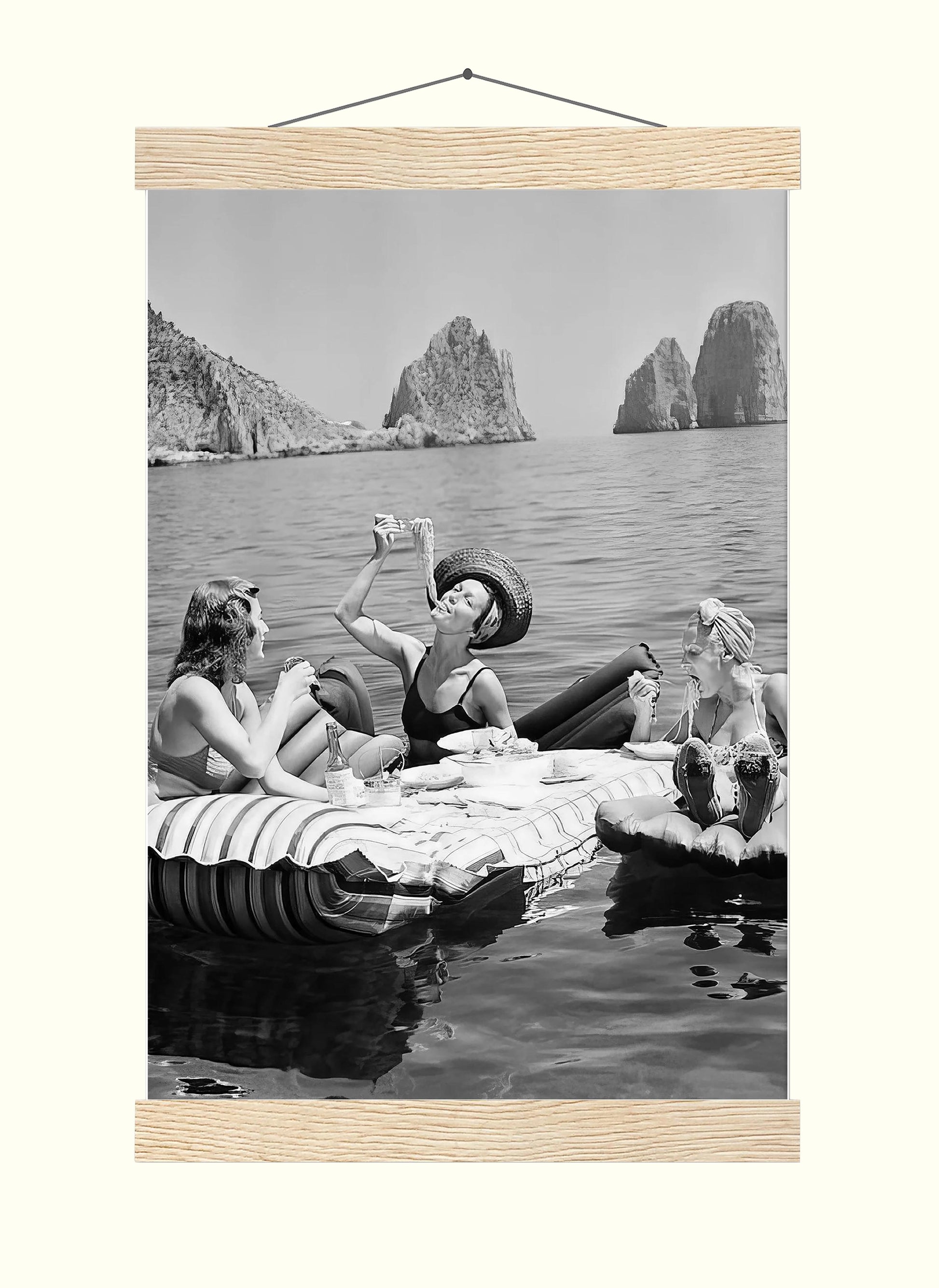 Women Eating Spaghetti Print Vintage Girls Eating Pasta on Lake, Black And White Art, Picnic On Floaties