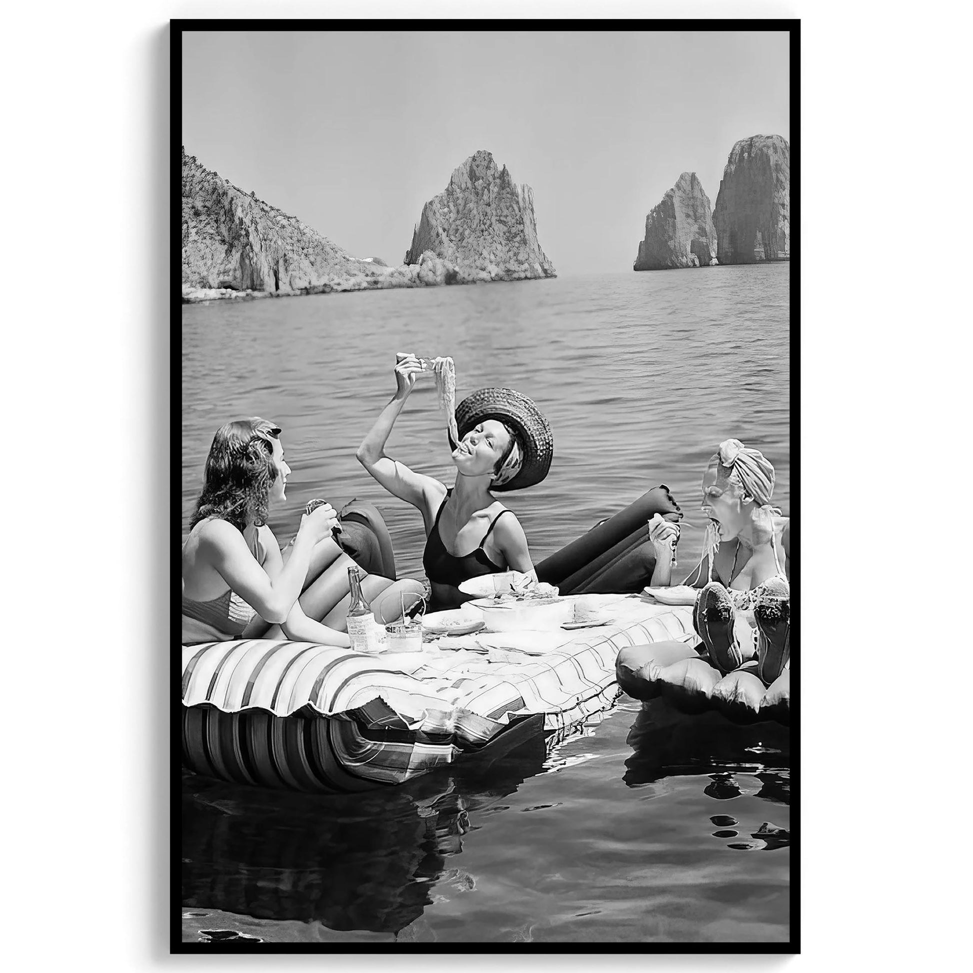 Women Eating Spaghetti Print Vintage Girls Eating Pasta on Lake, Black And White Art, Picnic On Floaties - Kitchen Wall