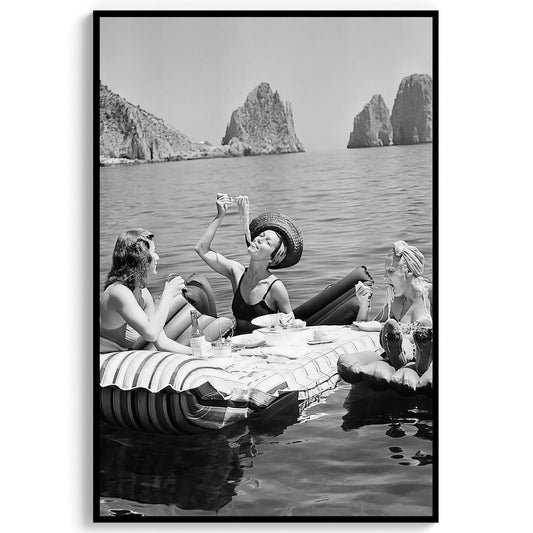 Women Eating Spaghetti Print Vintage Girls Eating Pasta on Lake, Black And White Art, Picnic On Floaties - Kitchen Wall