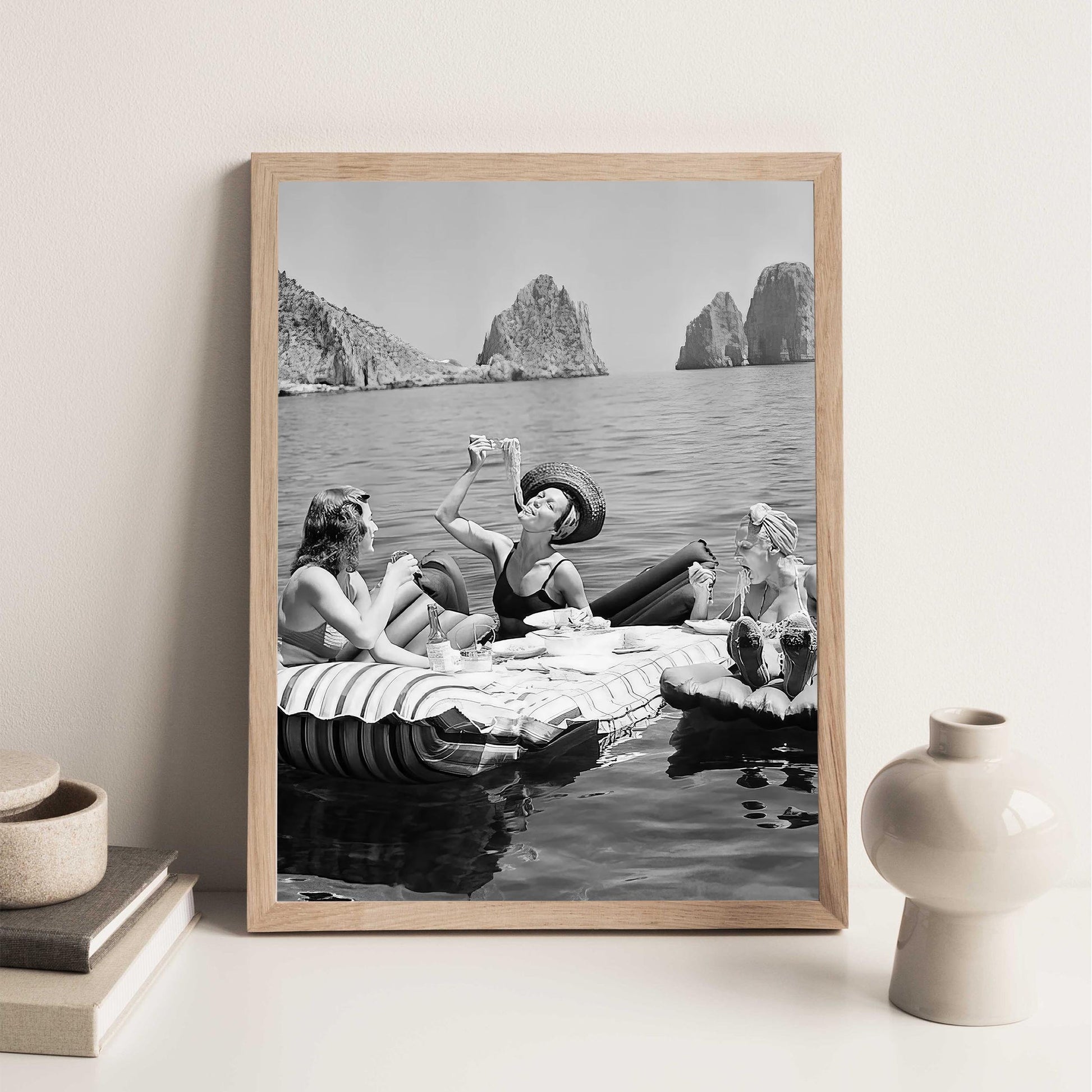 Women Eating Spaghetti Print Vintage Girls Eating Pasta on Lake, Black And White Art, Picnic On Floaties - Kitchen Wall